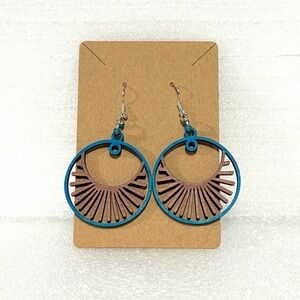 Blue and Brown wood Circular Earrings. Hand made